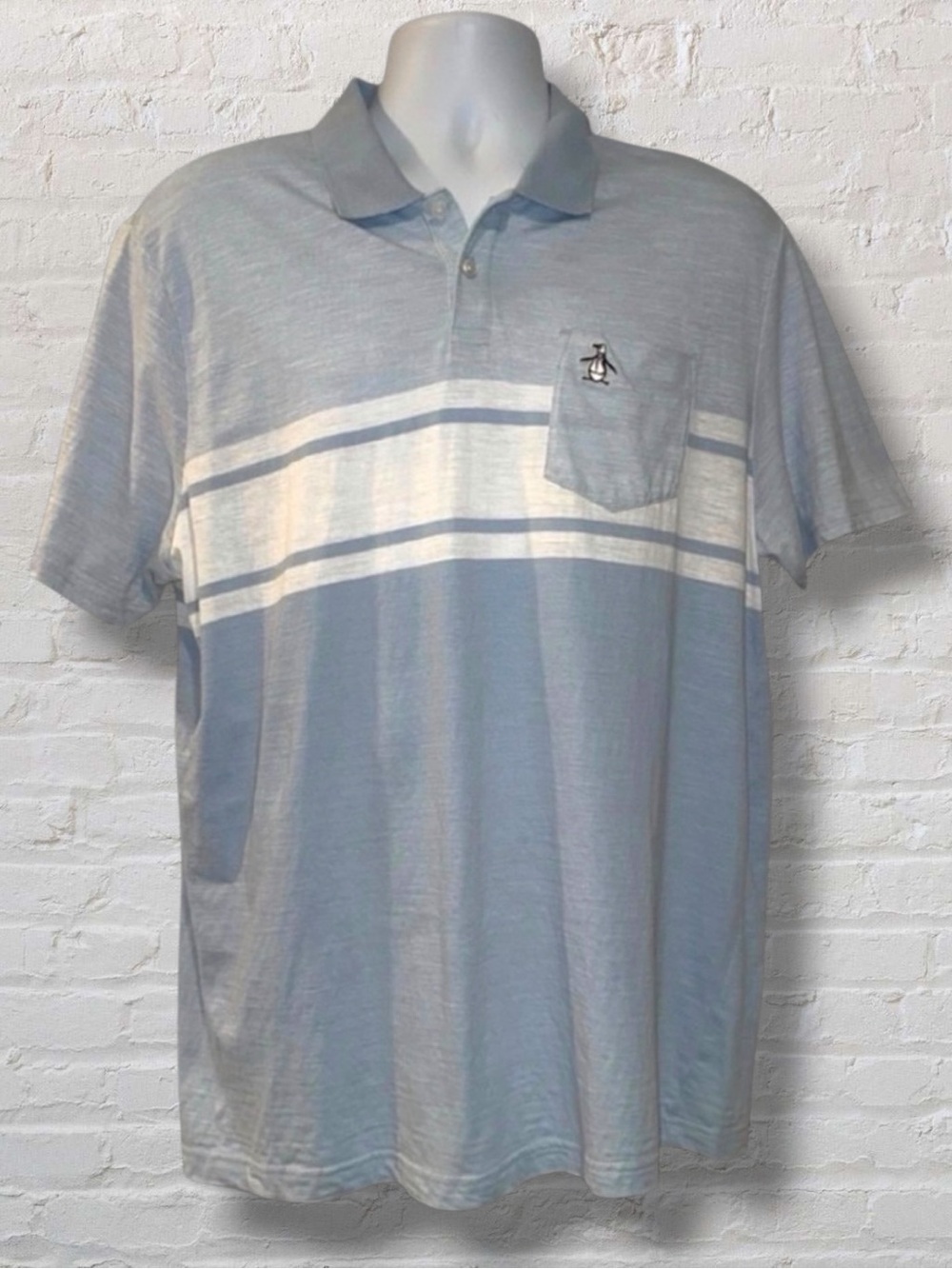 Original Penguin Polo Shirt XL Light Blue White Stripe Pocket Logo Golf Casual